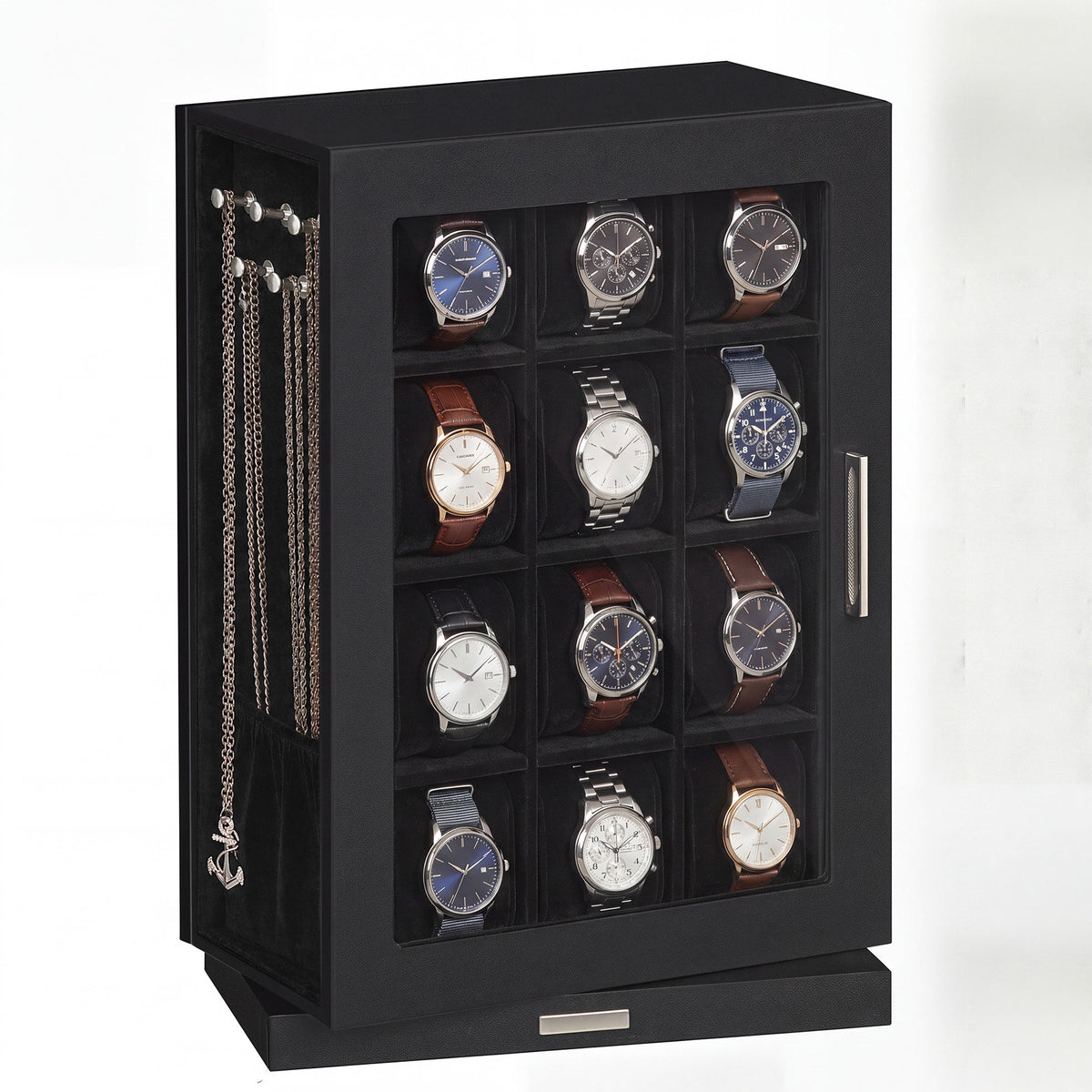 Vertical Rotating Watch Box, PU Leather Jewelry Organizer with Double Glass Windows, 9.2 x 6 x 13.2 Inches, Black