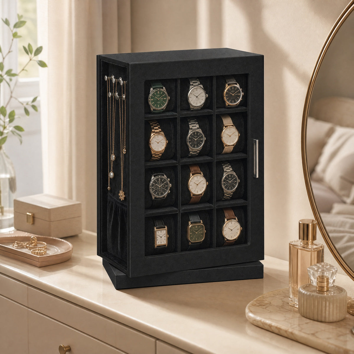 Vertical Rotating Watch Box, PU Leather Jewelry Organizer with Double Glass Windows, 9.2 x 6 x 13.2 Inches, Black