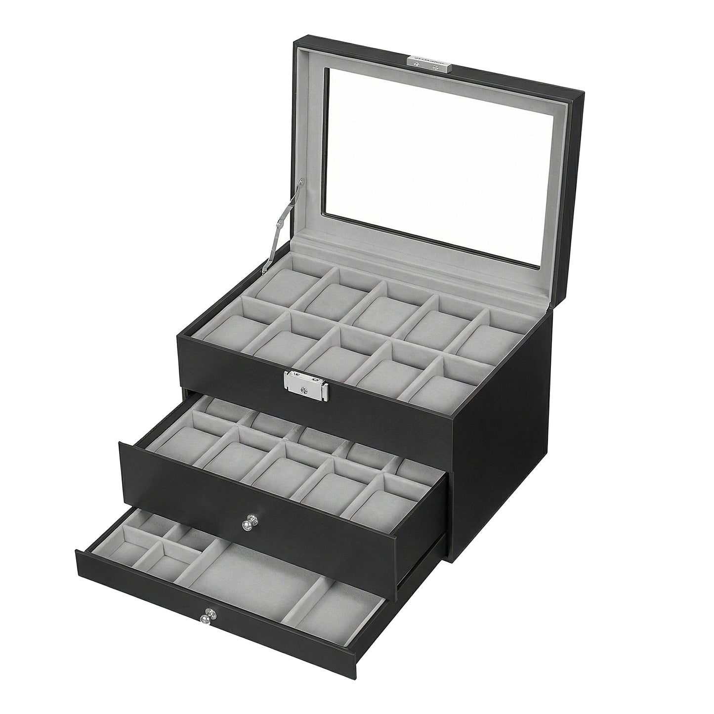 20-Slot Watch Box, Lockable Display Case Organizer with Drawer, 3-Tier Storage for Men, Glass Lid, Black