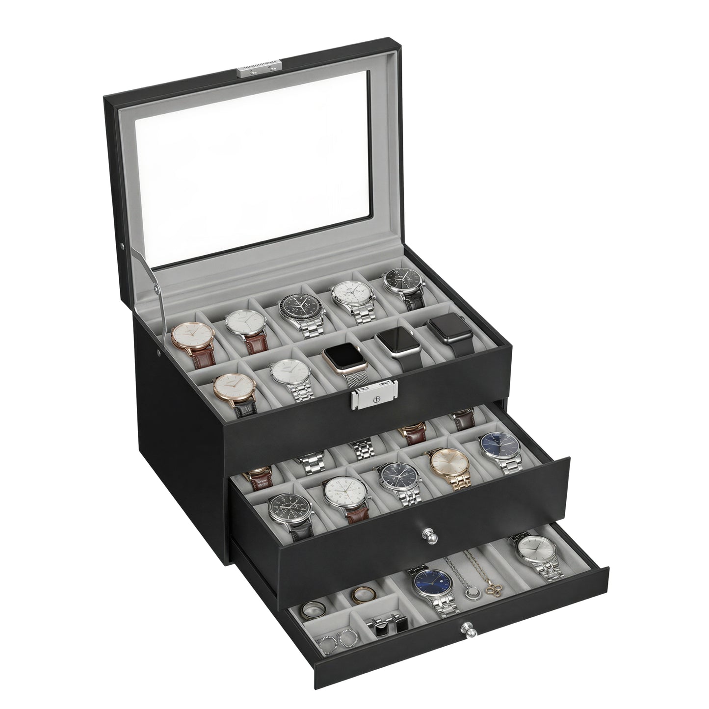 20-Slot Watch Box, Lockable Display Case Organizer with Drawer, 3-Tier Storage for Men, Glass Lid, Black