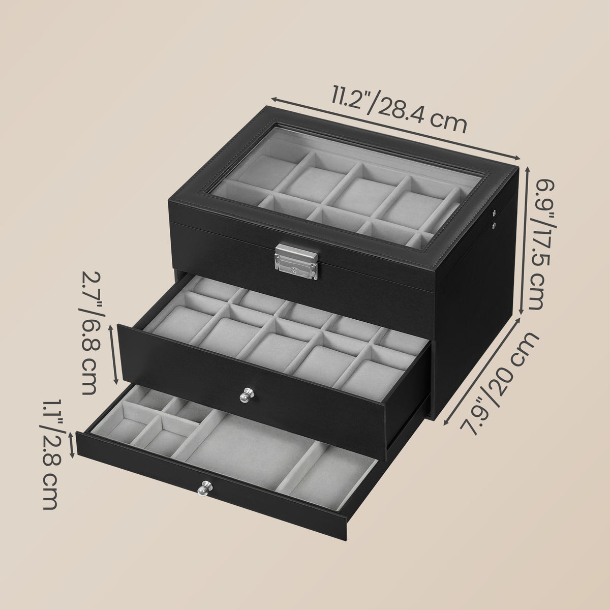 20-Slot Watch Box, Lockable Display Case Organizer with Drawer, 3-Tier Storage for Men, Glass Lid, Black