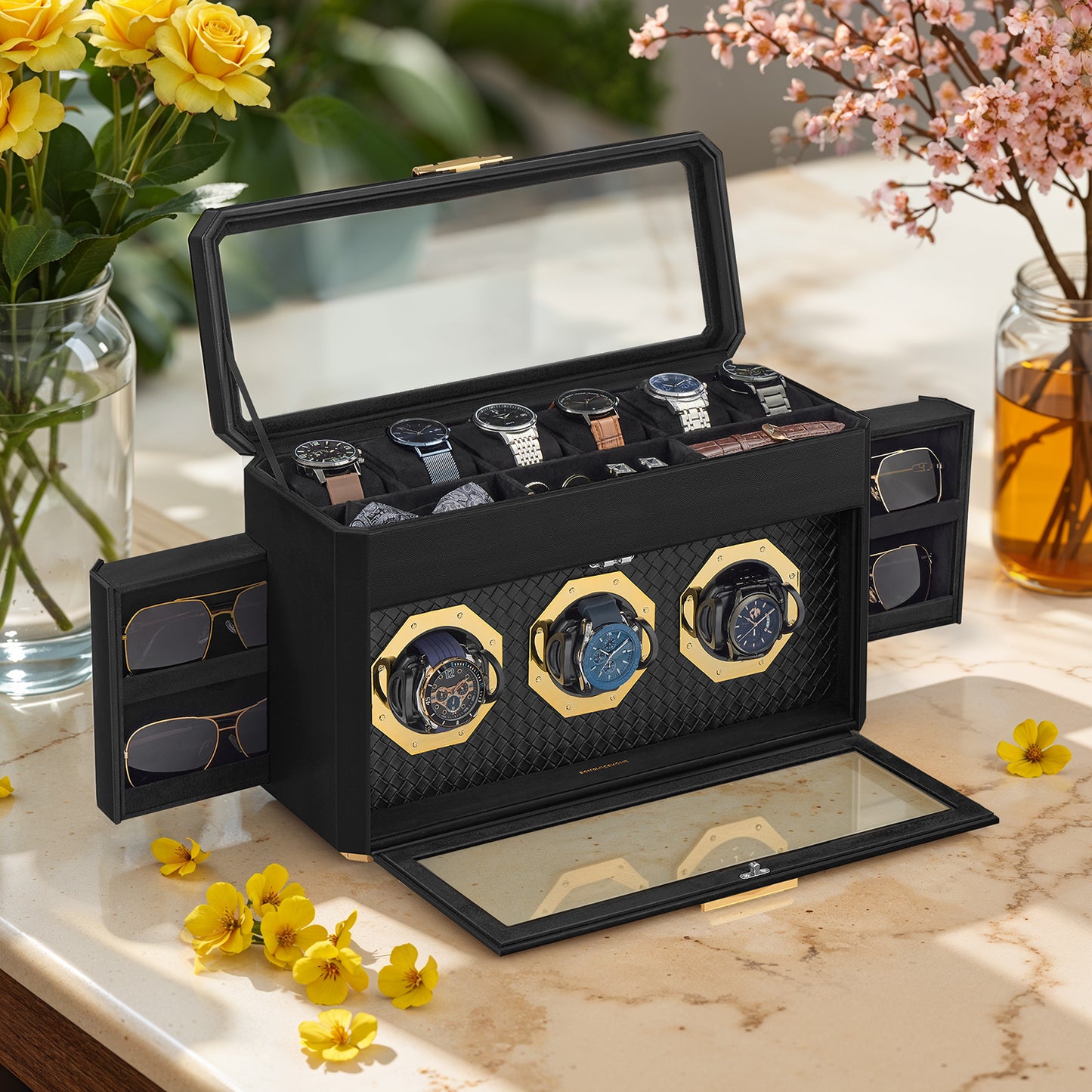 9-Slot Luxury Watch Box - Glass Top Display Case with Adjustable Holders, PU Leather Storage Organizer, Gift Ready, Ink Black