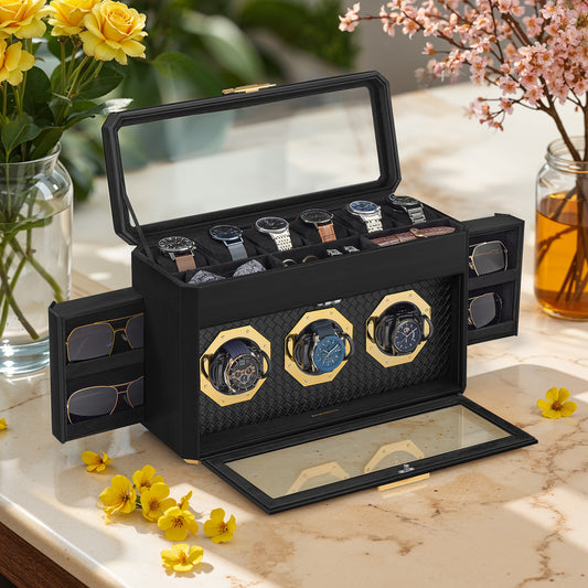 9-Slot Luxury Watch Box - Glass Top Display Case with Adjustable Holders, PU Leather Storage Organizer, Gift Ready, Ink Black