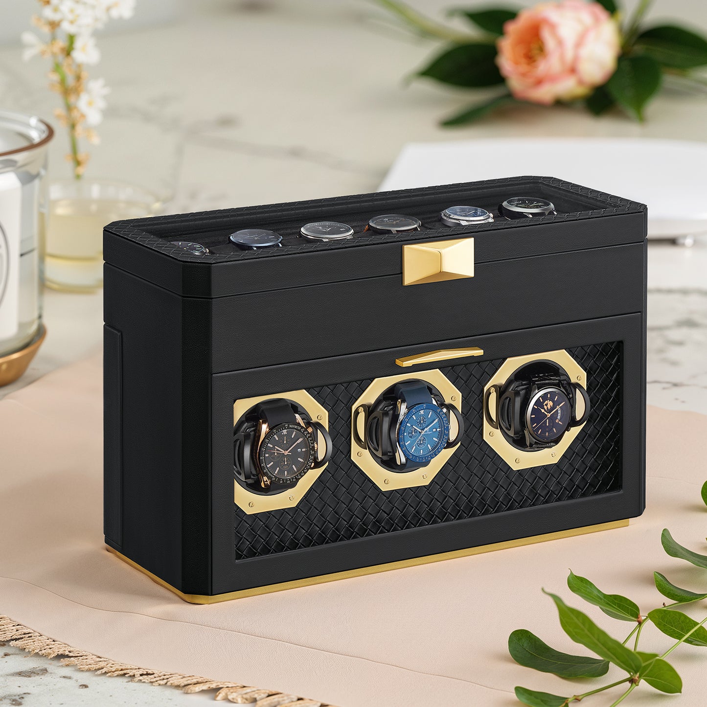 9-Slot Luxury Watch Box - Glass Top Display Case with Adjustable Holders, PU Leather Storage Organizer, Gift Ready, Ink Black