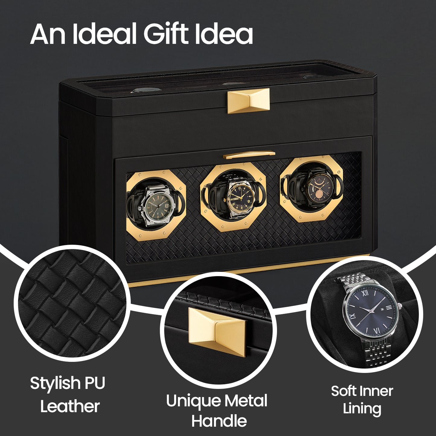 9-Slot Luxury Watch Box - Glass Top Display Case with Adjustable Holders, PU Leather Storage Organizer, Gift Ready, Ink Black