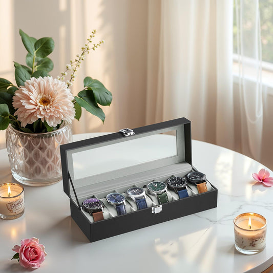 6-Slot Premium Watch Box with Glass Lid, PU Leather Case with Removable Pillows & Velvet Lining, Watch Organizer, Black Synthetic Leather, Gray Lining