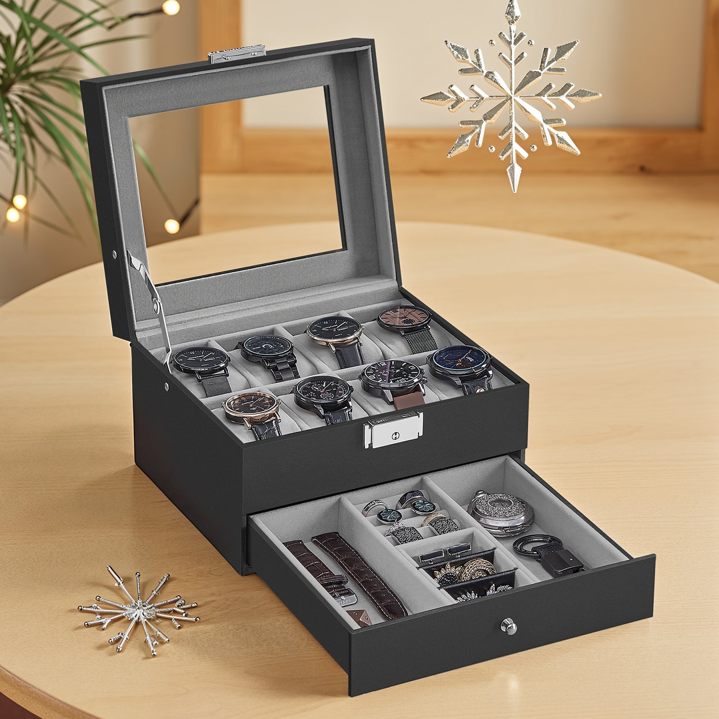8-Slot Watch Box Organizer with Glass Lid, 2-Layer Jewelry Storage Case, Removable Pillows, Metal Lock for Watches & Accessories, Black
