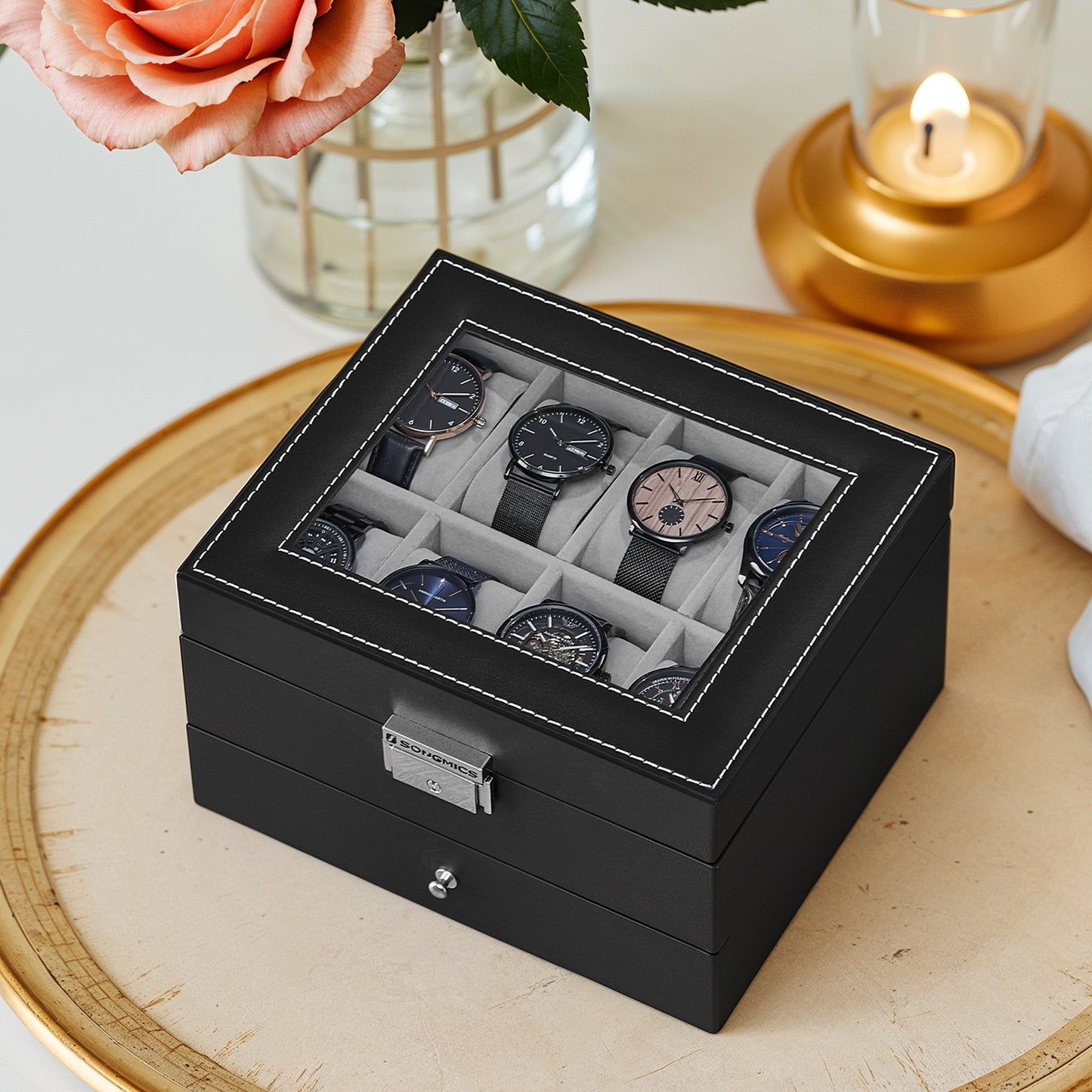 8-Slot Watch Box Organizer with Glass Lid, 2-Layer Jewelry Storage Case, Removable Pillows, Metal Lock for Watches & Accessories, Black