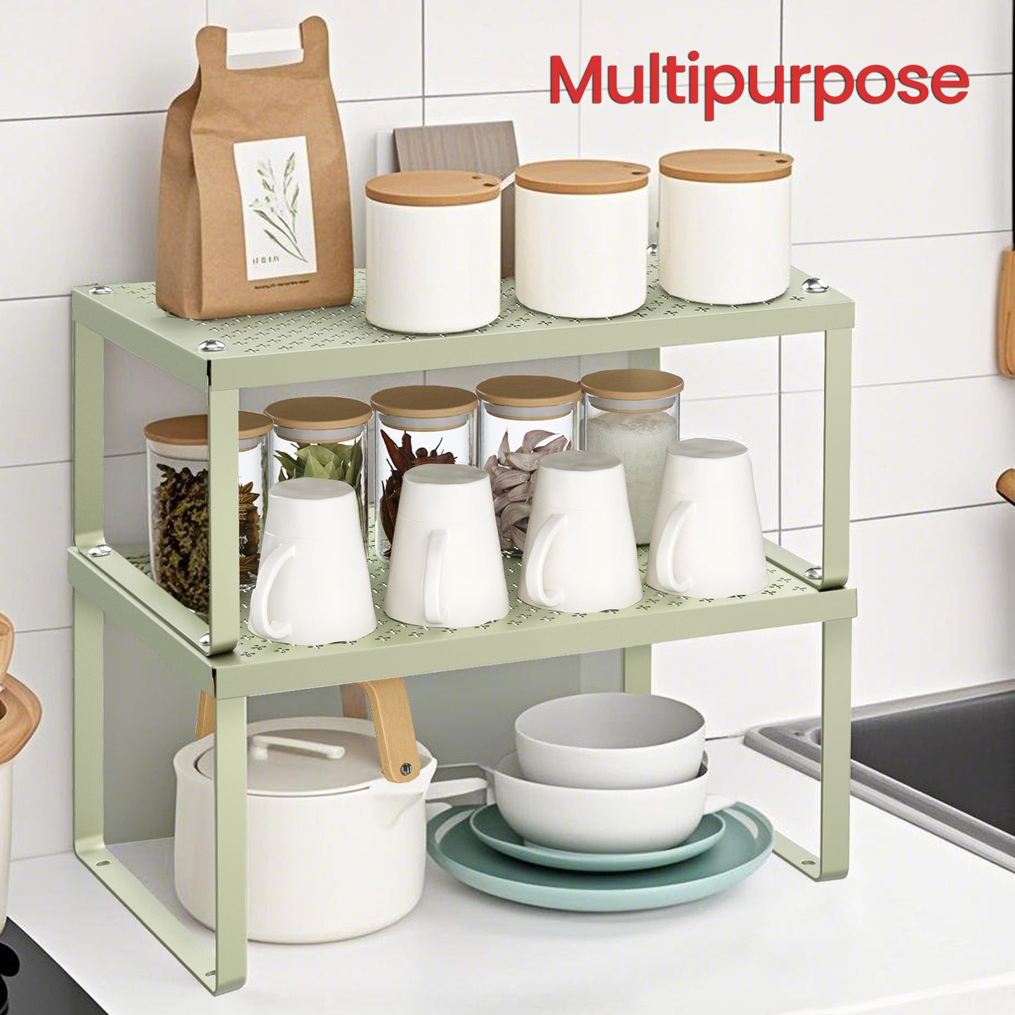 2-Tier Stackable Spice Rack Organizer – Heavy-Duty Metal Shelf Risers, Expandable Cabinet & Countertop Storage, Space-Saving Design, Sage Green