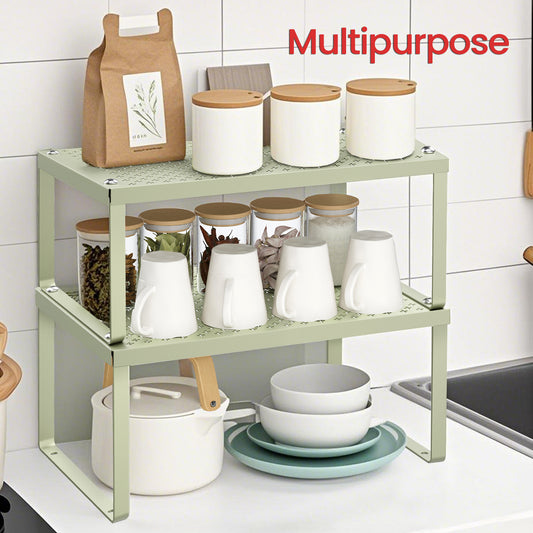 2-Tier Stackable Spice Rack Organizer – Heavy-Duty Metal Shelf Risers, Expandable Cabinet & Countertop Storage, Space-Saving Design, Sage Green