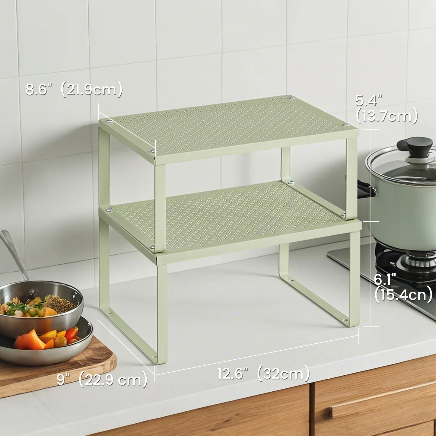 2-Tier Stackable Spice Rack Organizer – Heavy-Duty Metal Shelf Risers, Expandable Cabinet & Countertop Storage, Space-Saving Design, Sage Green