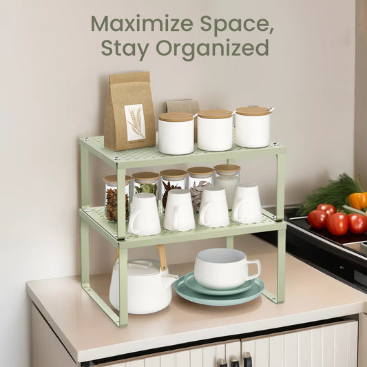 4-Tier Stackable Spice Rack Organizer - Space Saving Cabinet & Countertop Shelves, Heavy Duty 22lb Capacity, Adjustable, Sage Green
