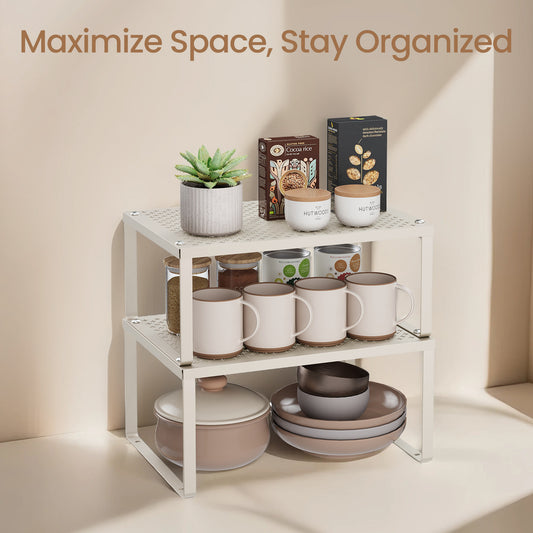 4-Tier Stackable Shelf Organizer - Metal Cabinet & Countertop Riser, Space-Saving Design, Holds 22lbs, Adjustable, Oatmeal Beige