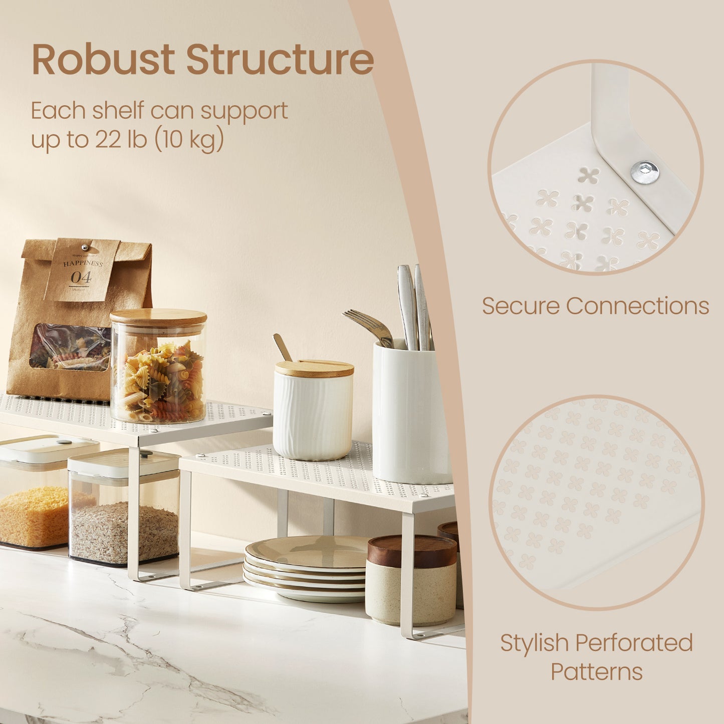 4-Tier Stackable Shelf Organizer - Metal Cabinet & Countertop Riser, Space-Saving Design, Holds 22lbs, Adjustable, Oatmeal Beige