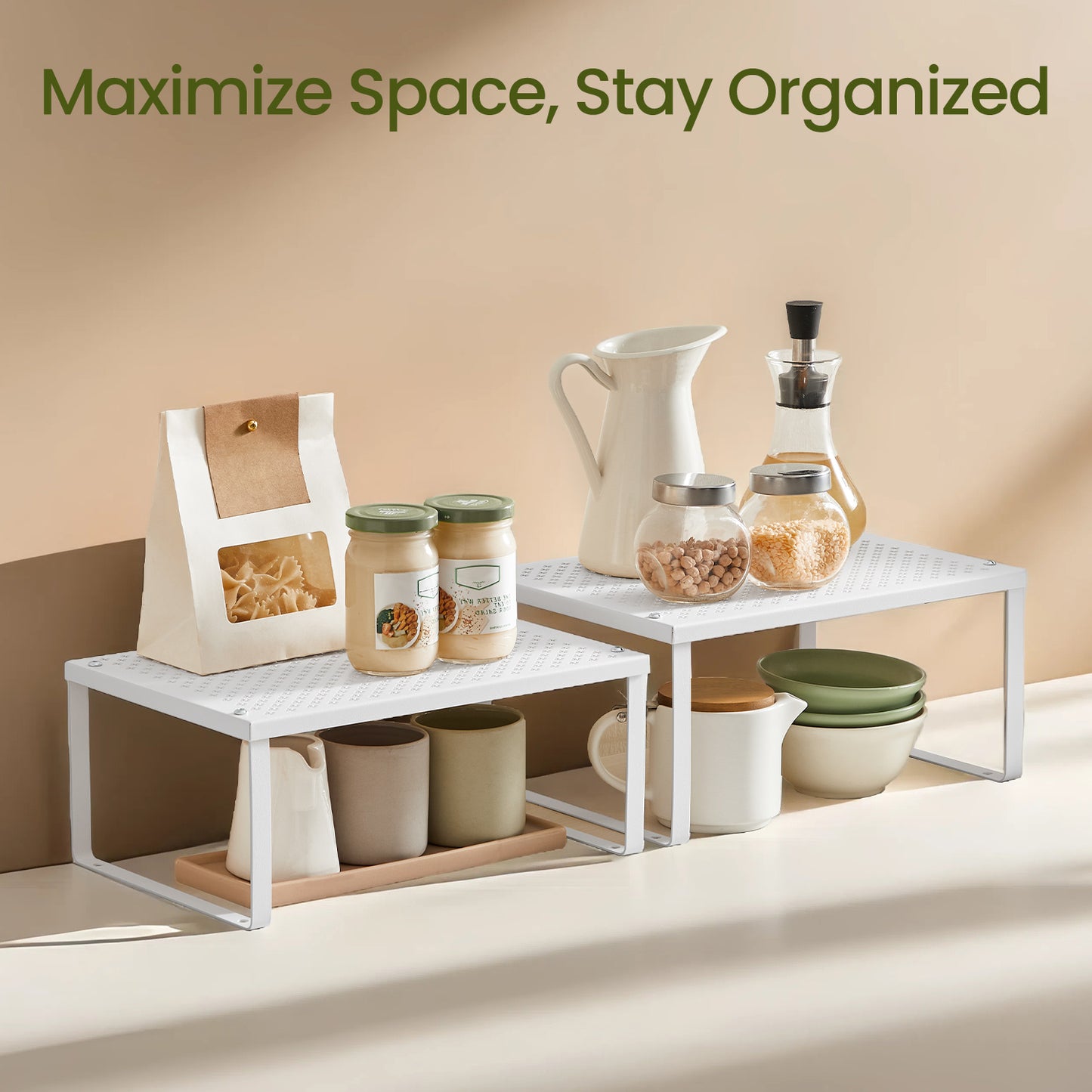 4-Tier Stackable Shelf Organizer - Metal Spice Rack for Cabinet & Countertop, Space Saving Design, Holds 22lbs, Adjustable, White