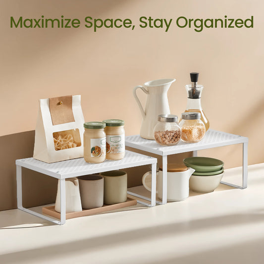 4-Tier Stackable Shelf Organizer - Metal Spice Rack for Cabinet & Countertop, Space Saving Design, Holds 22lbs, Adjustable, White