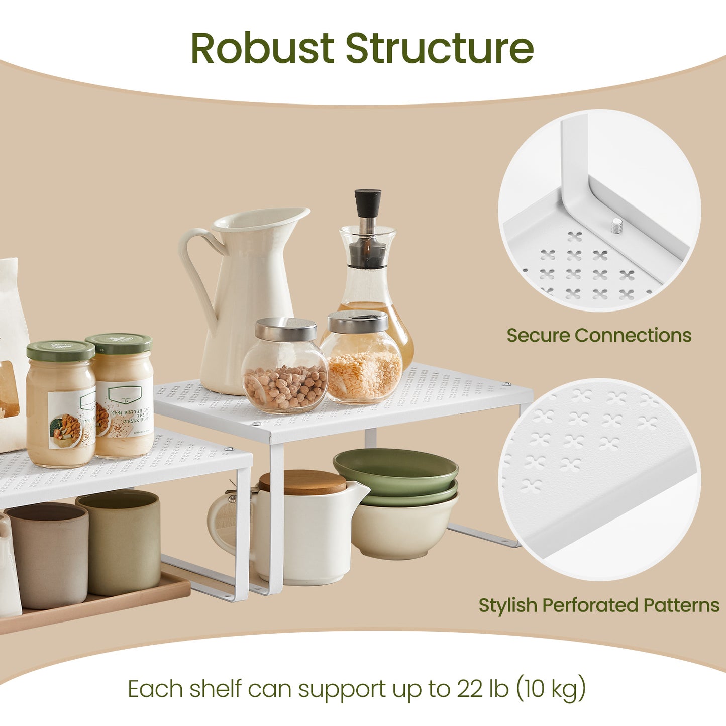 4-Tier Stackable Shelf Organizer - Metal Spice Rack for Cabinet & Countertop, Space Saving Design, Holds 22lbs, Adjustable, White
