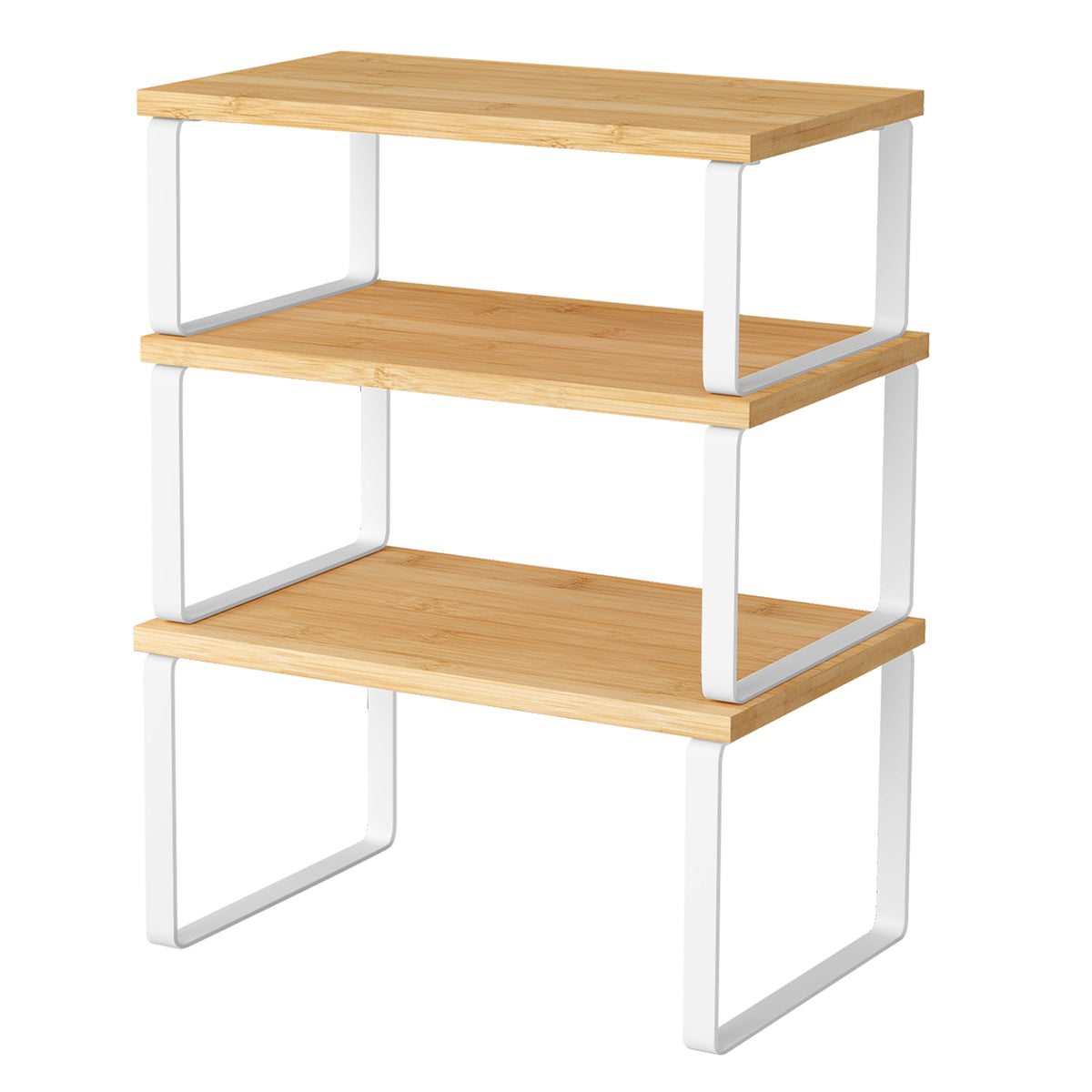 LEDREM Set of 3 Spice Racks, Kitchen Cabinet Organizer, Countertop Storage Shelves, Stackable, Expandable, Metal and Bamboo, White and Natural Beige
