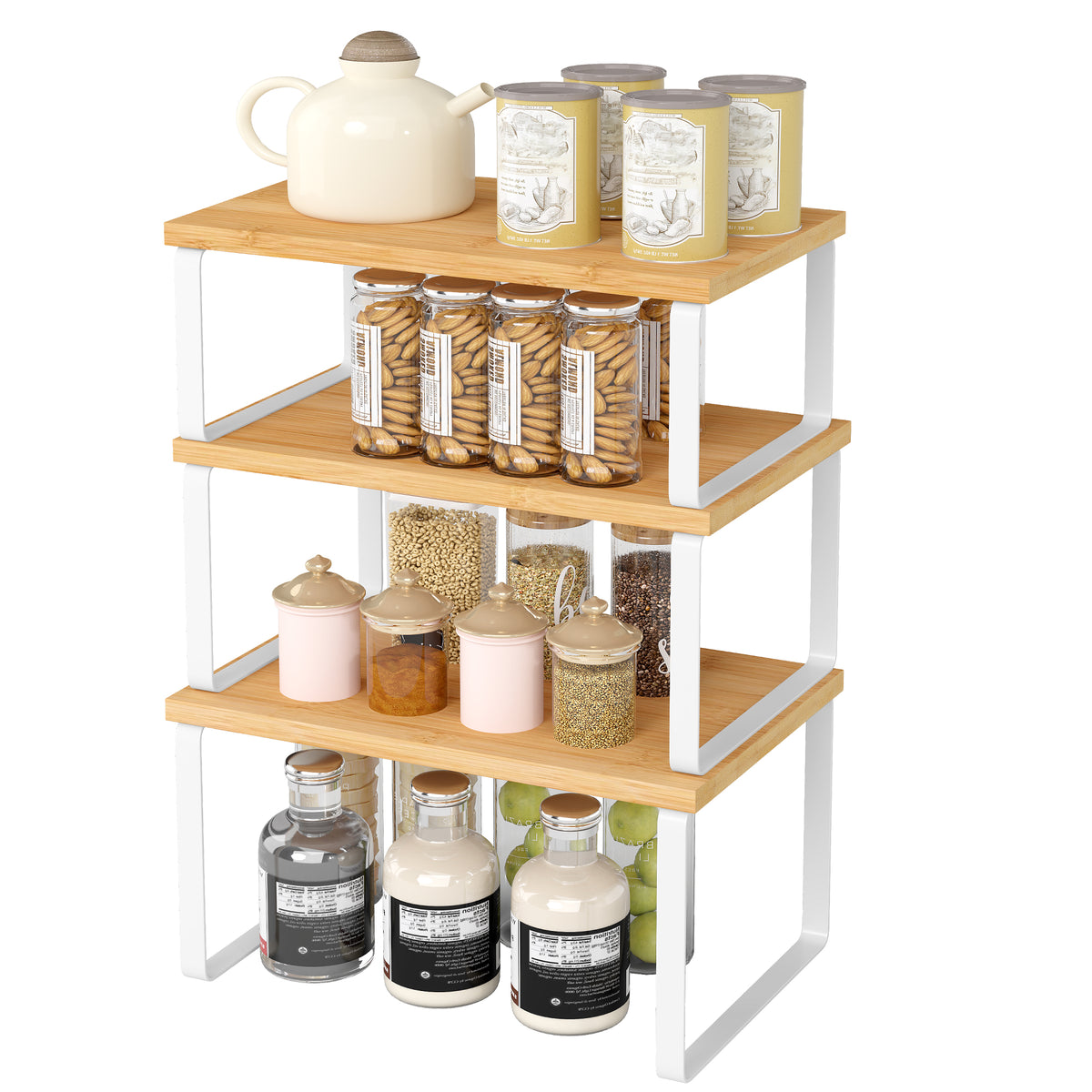LEDREM Set of 3 Spice Racks, Kitchen Cabinet Organizer, Countertop Storage Shelves, Stackable, Expandable, Metal and Bamboo, White and Natural Beige