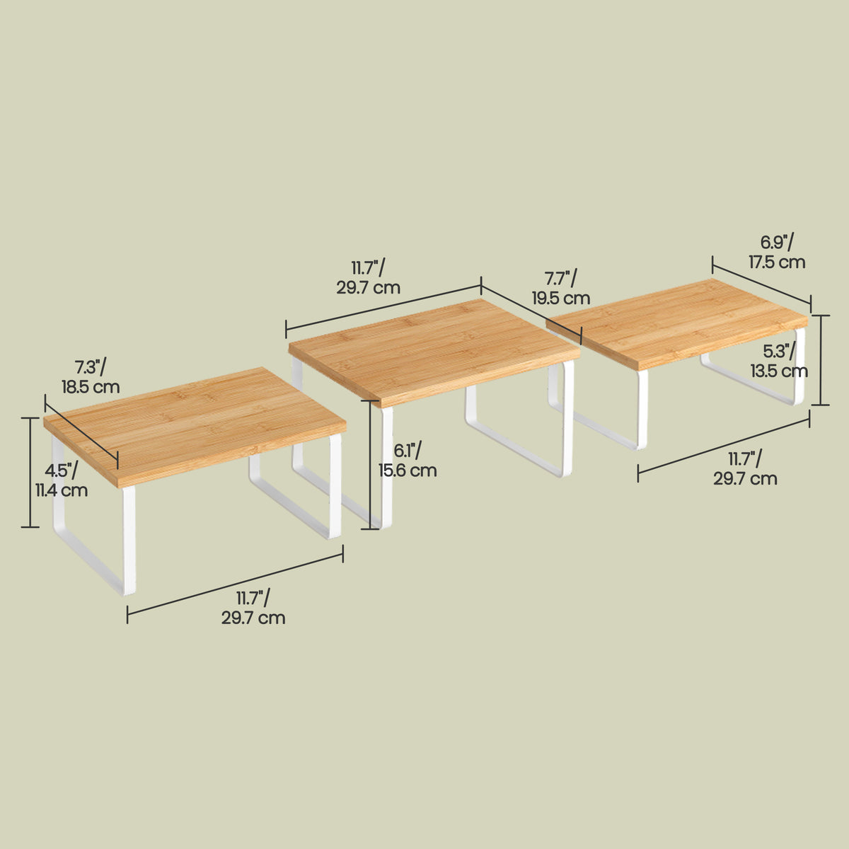 LEDREM Set of 3 Spice Racks, Kitchen Cabinet Organizer, Countertop Storage Shelves, Stackable, Expandable, Metal and Bamboo, White and Natural Beige