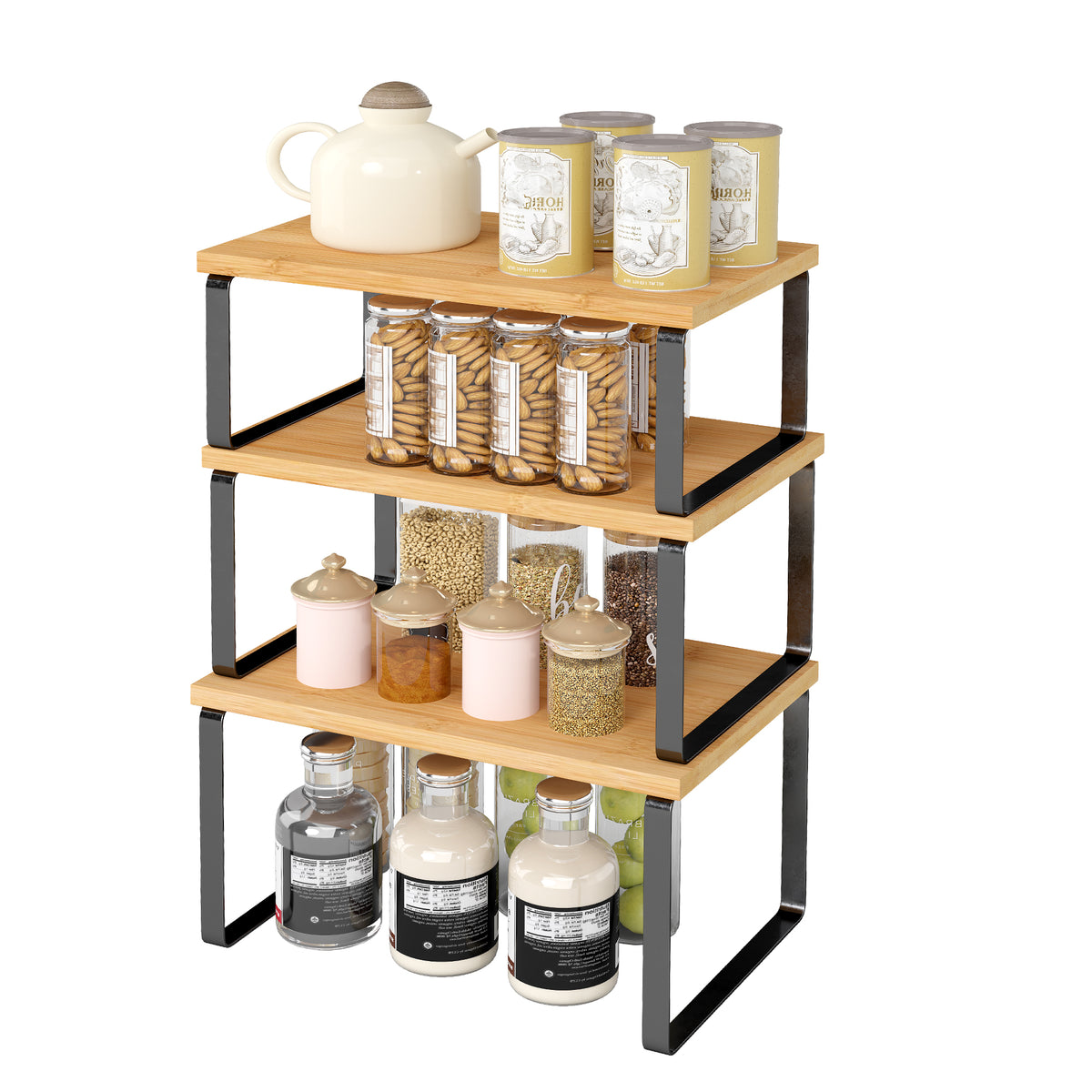 LEDREM Set of 3 Spice Racks, Cabinet Organizers , Stackable, Expandable, for Kitchen Counter, Light Bamboo and Matte Black