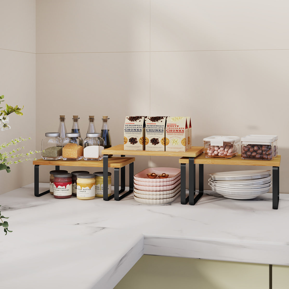 LEDREM Set of 3 Spice Racks, Cabinet Organizers , Stackable, Expandable, for Kitchen Counter, Light Bamboo and Matte Black