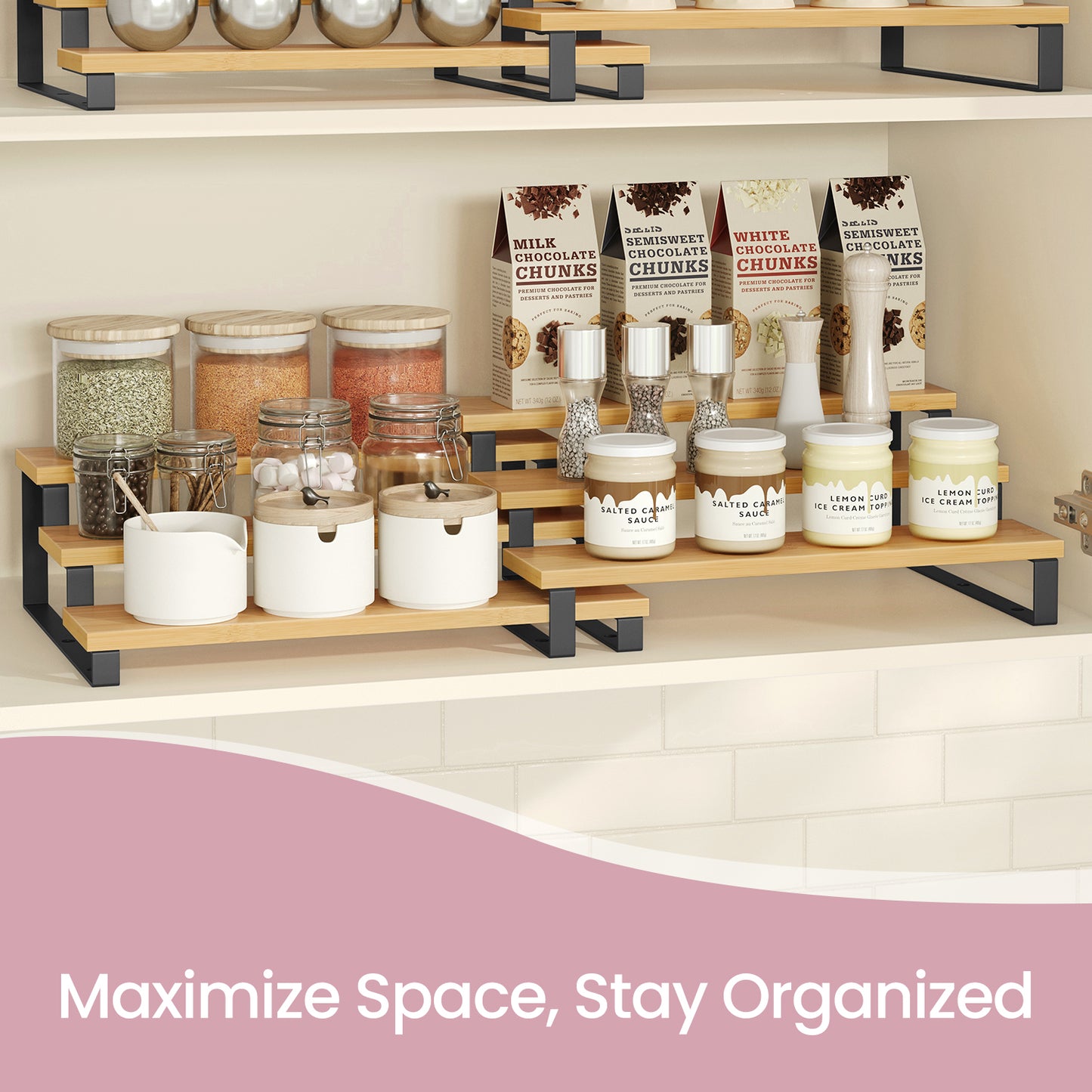 3-Tier Display Stand - Engineered Wood Perfume & Spice Organizer, Stackable Shelf Riser, 6.6lb Capacity, 2-Pack, Natural Beige and Black