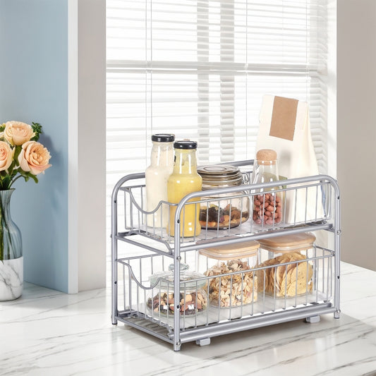 2-Tier Sliding Cabinet Organizer - Steel Pull-Out Drawers, Adjustable Height, Stackable Design for Kitchen, Bathroom, Metallic Silver