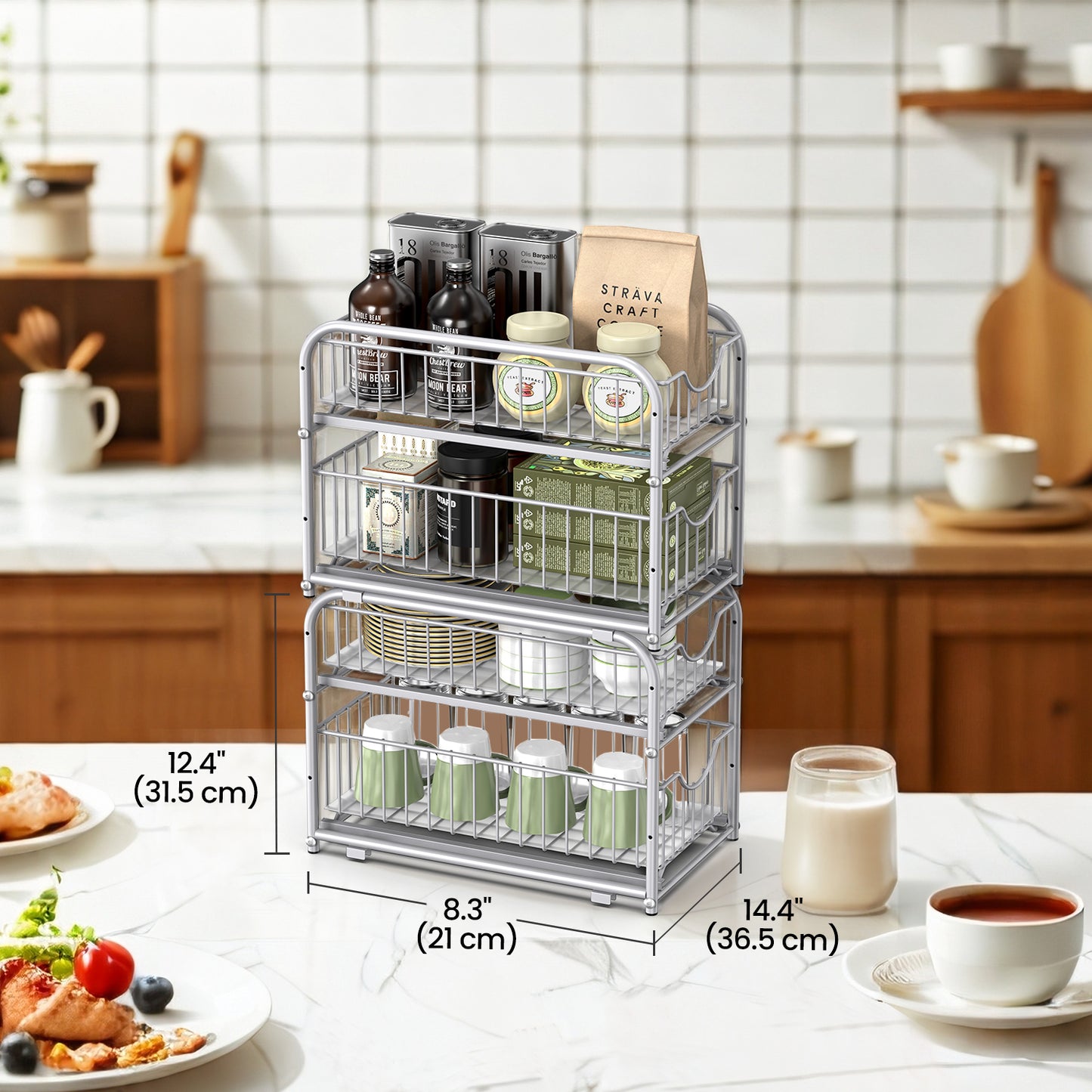 2-Tier Sliding Cabinet Organizer - Steel Pull-Out Drawers, Adjustable Height, Stackable Design for Kitchen, Bathroom, Metallic Silver