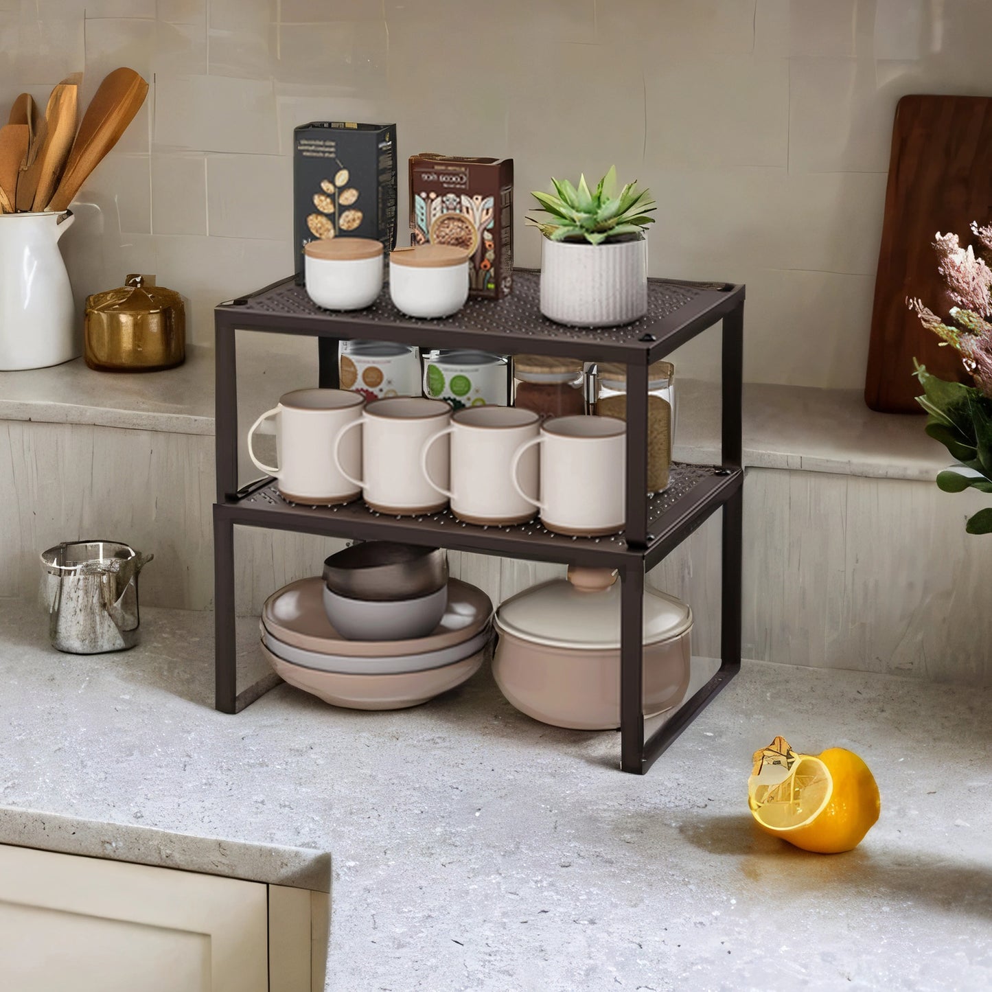 Set of 2 Expandable Metal Spice Racks, Stackable Shelf Organizers for Cabinet or Countertop, 22 lb Capacity, Brown