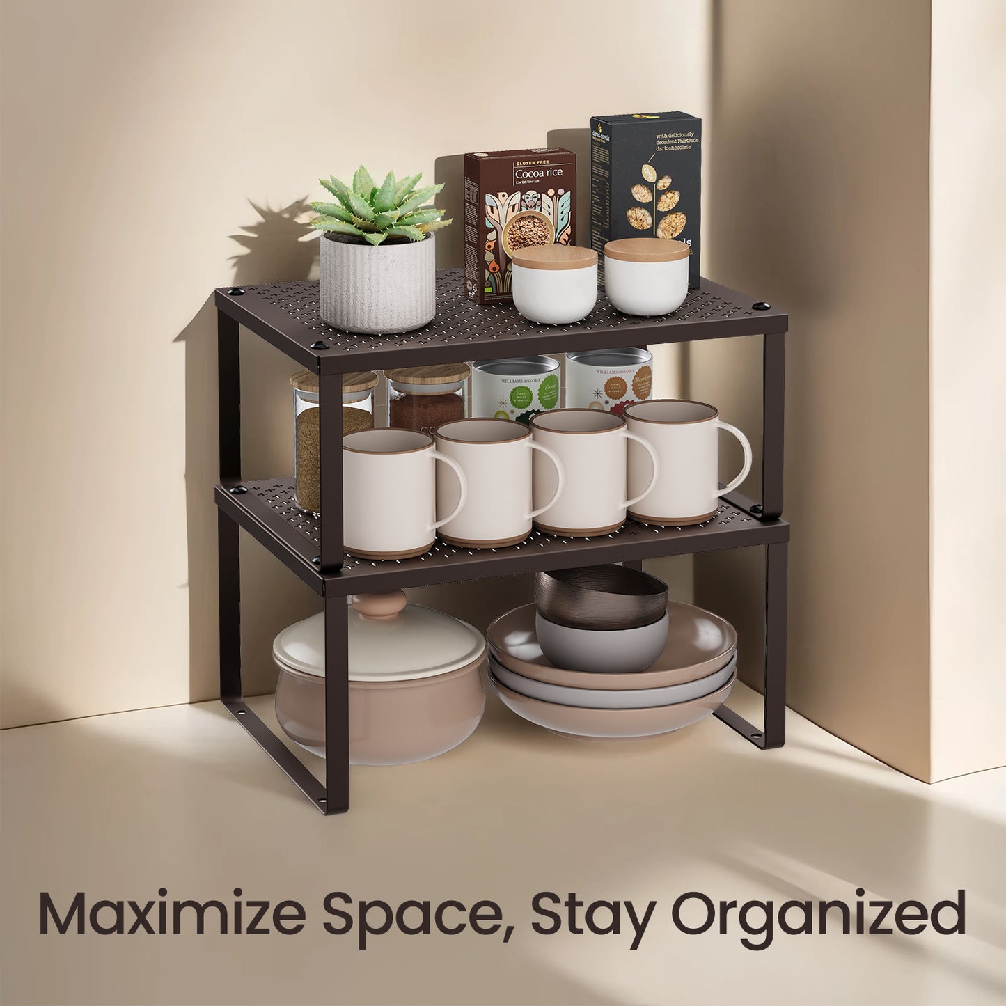 4-Tier Stackable Spice Rack - Metal Cabinet Organizer, Space Saving Design, 22lb Capacity per Shelf, Adjustable, Brown