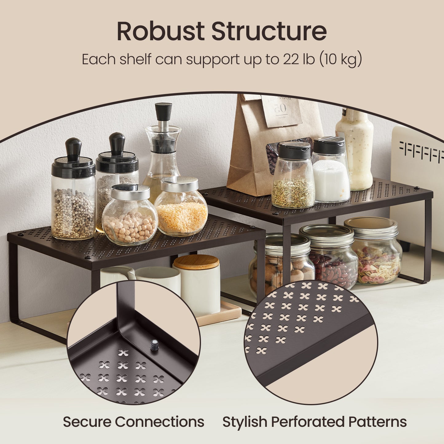 4-Tier Stackable Spice Rack - Metal Cabinet Organizer, Space Saving Design, 22lb Capacity per Shelf, Adjustable, Brown