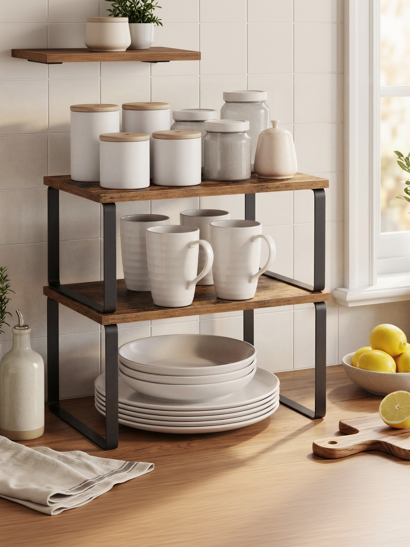 Set of 4 Stackable Expandable Kitchen Cabinet Shelves, Metal and Wood Spice Rack Organizers, for Countertop, Pantry, Ink Black and Rustic Brown