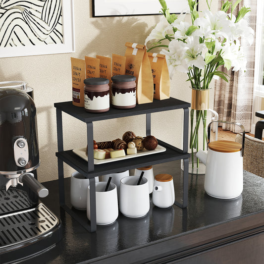 4-Pack Kitchen Organizer Shelves - Stackable, 33lb Capacity, Adjustable Storage Rack, Metal/Wood, Ink Black and Ebony Black