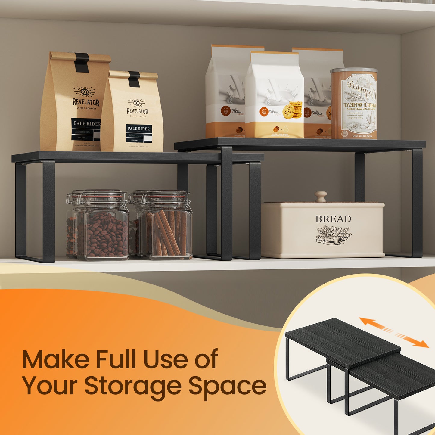 4-Pack Kitchen Organizer Shelves - Stackable, 33lb Capacity, Adjustable Storage Rack, Metal/Wood, Ink Black and Ebony Black