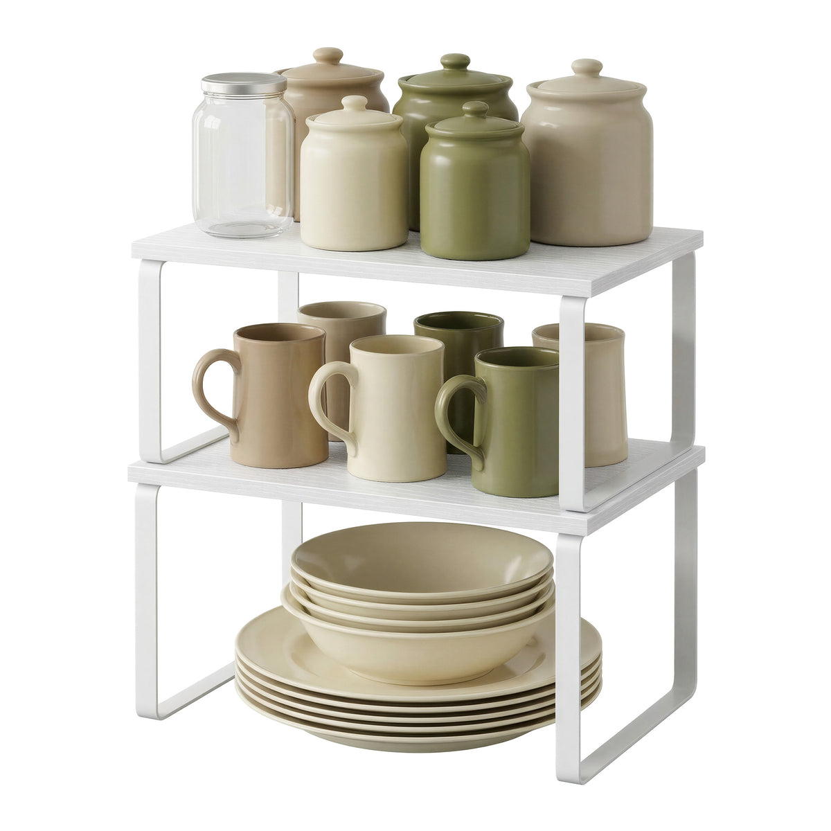 LEDREM Set of 4 Pantry Storage Racks, Expandable Stackable Cupboard Organisers, for Kitchen, Metal and Wood, White