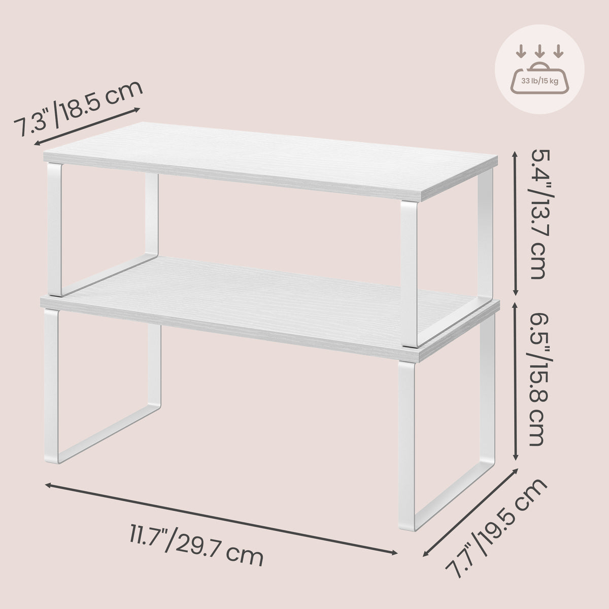 LEDREM Set of 4 Pantry Storage Racks, Expandable Stackable Cupboard Organisers, for Kitchen, Metal and Wood, White