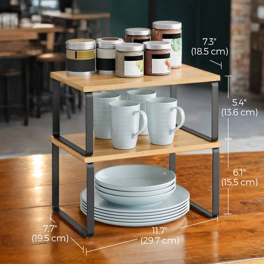 2-Tier Stackable Cabinet Organizer Shelf, Expandable Kitchen Storage & Spice Rack, Metal & Wood, Space-Saving for Countertop, Pantry, Bathroom， Ink Black ，Natural Beige