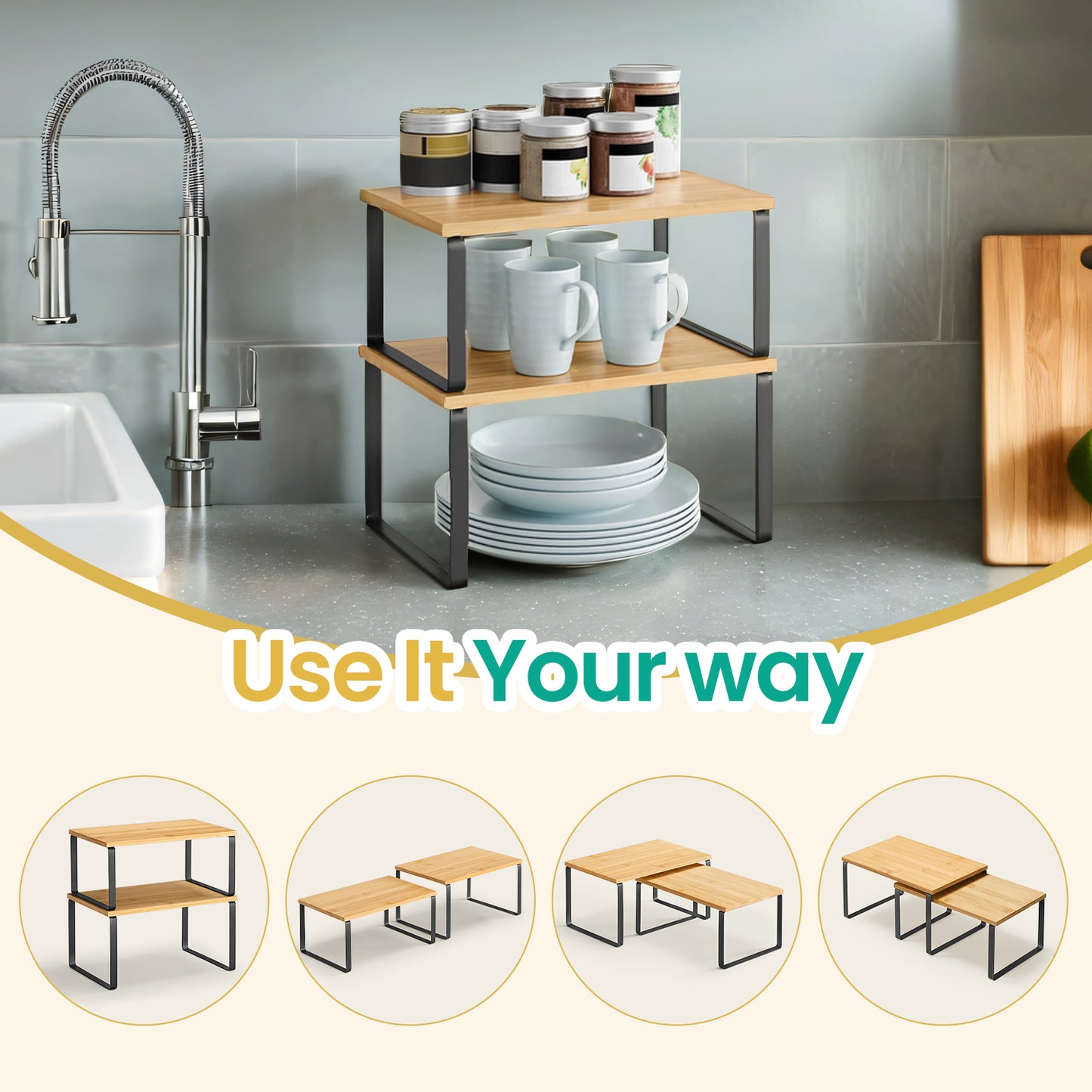 2-Tier Stackable Cabinet Organizer Shelf, Expandable Kitchen Storage & Spice Rack, Metal & Wood, Space-Saving for Countertop, Pantry, Bathroom， Ink Black ，Natural Beige