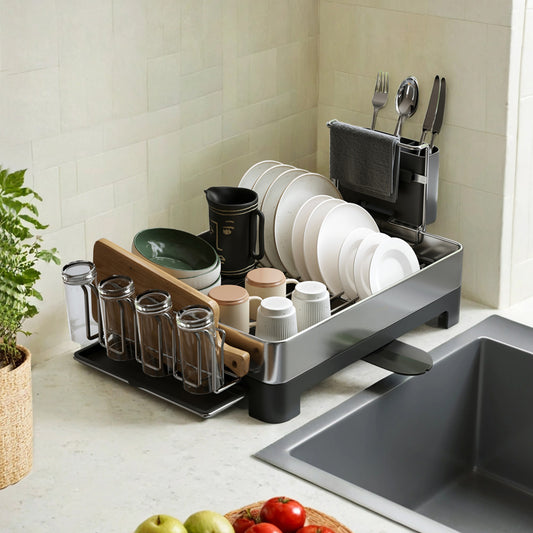 Premium Stainless Steel Dish Rack - Adjustable Drain Spout, Fingerprint-Resistant, Holds 9 Plates & Utensils, Silver and Black