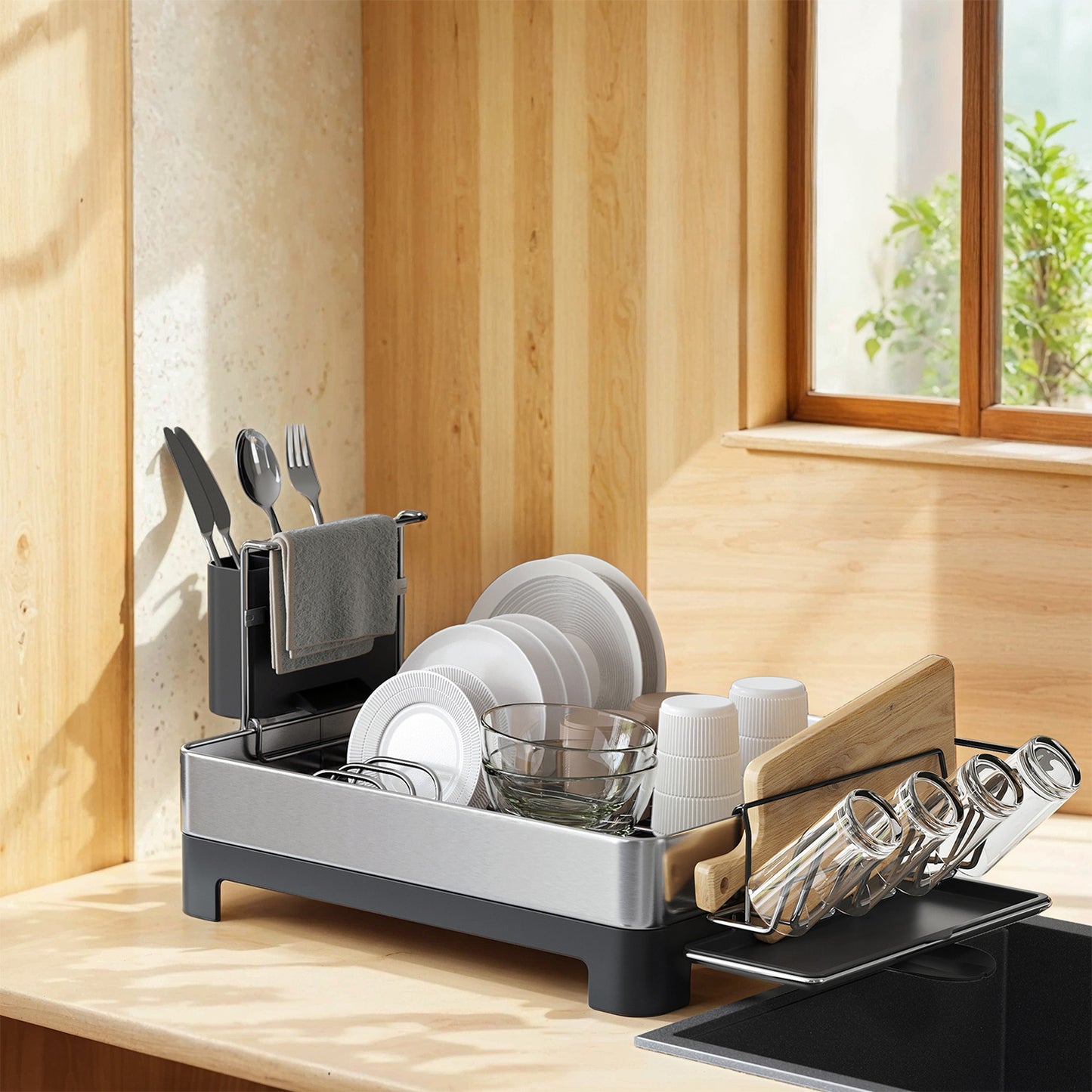Premium Stainless Steel Dish Rack - Adjustable Drain Spout, Fingerprint-Resistant, Holds 9 Plates & Utensils, Silver and Black