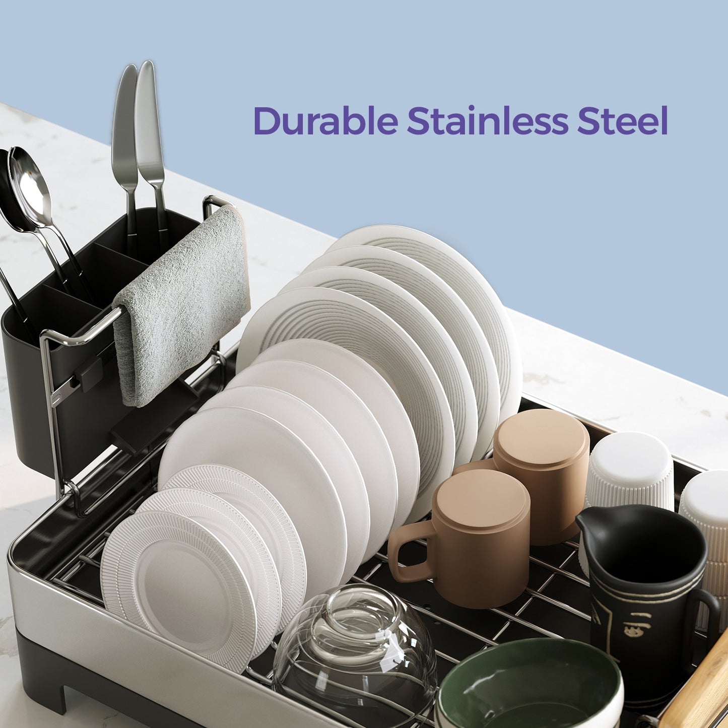 Premium Stainless Steel Dish Rack - Adjustable Drain Spout, Fingerprint-Resistant, Holds 9 Plates & Utensils, Silver and Black