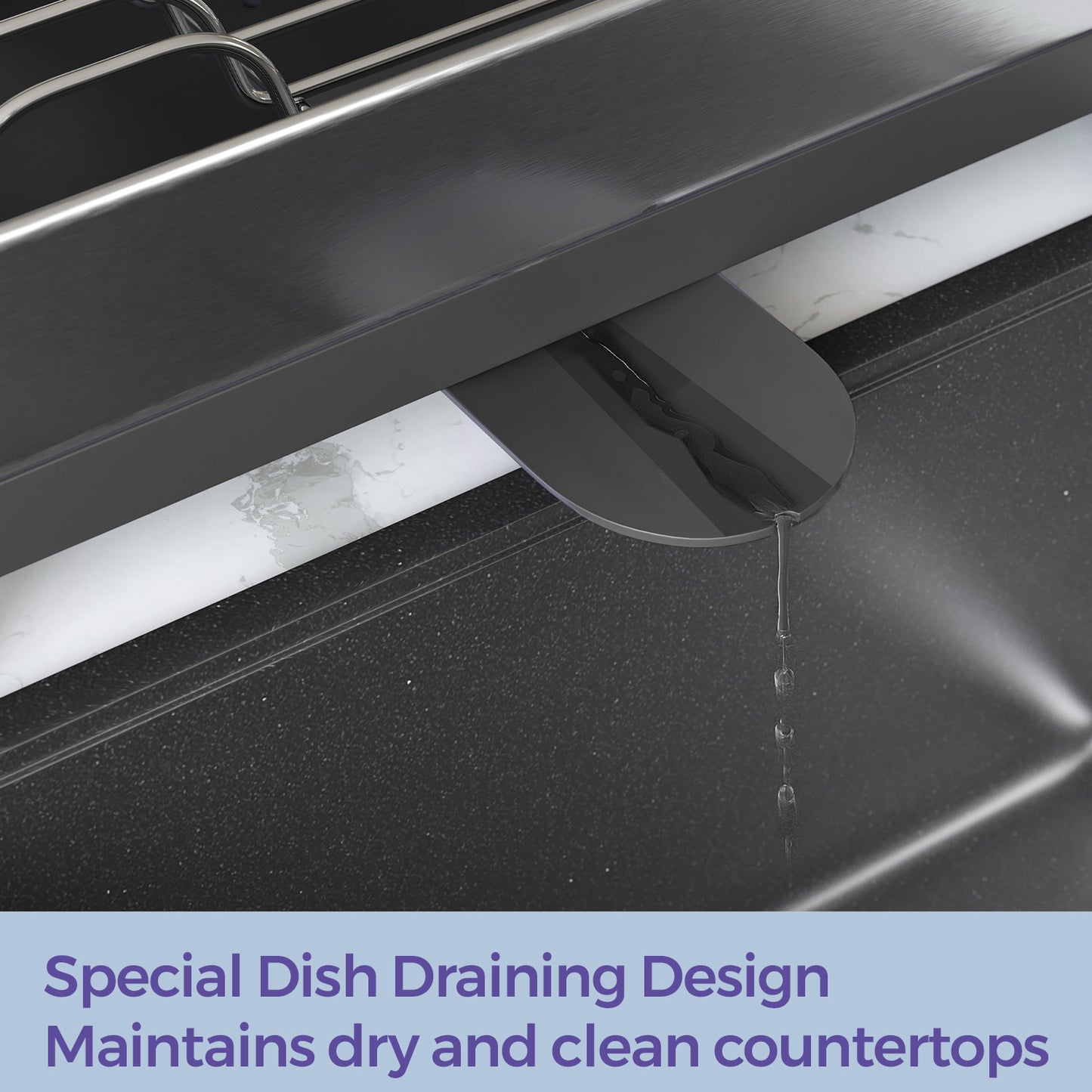 Premium Stainless Steel Dish Rack - Adjustable Drain Spout, Fingerprint-Resistant, Holds 9 Plates & Utensils, Silver and Black