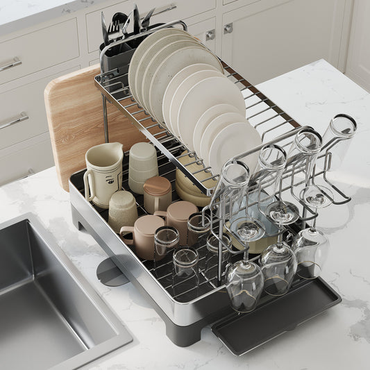 2-Tier Dish Drying Rack - Stainless Steel with Rotating Drain Spout, Holds Plates, Bowls, Cups, Utensil & Cutting Board Organizer, Silver and Black