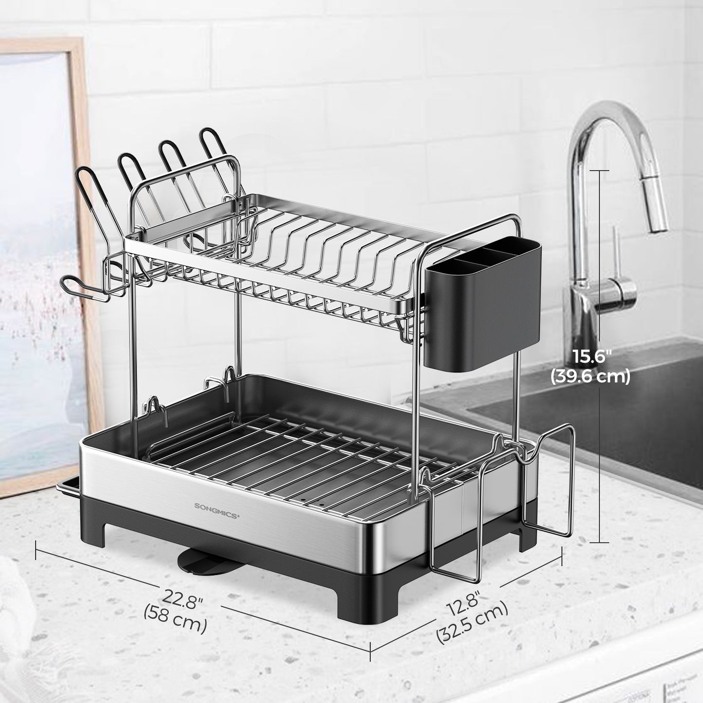 2-Tier Dish Drying Rack - Stainless Steel with Rotating Drain Spout, Holds Plates, Bowls, Cups, Utensil & Cutting Board Organizer, Silver and Black