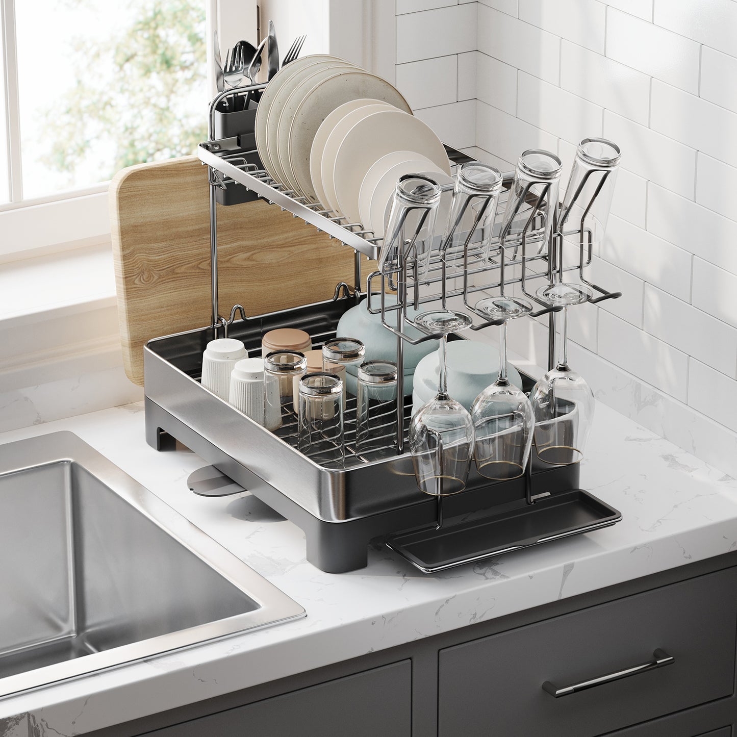 2-Tier Dish Drying Rack - Stainless Steel with Rotating Drain Spout, Holds Plates, Bowls, Cups, Utensil & Cutting Board Organizer, Silver and Black