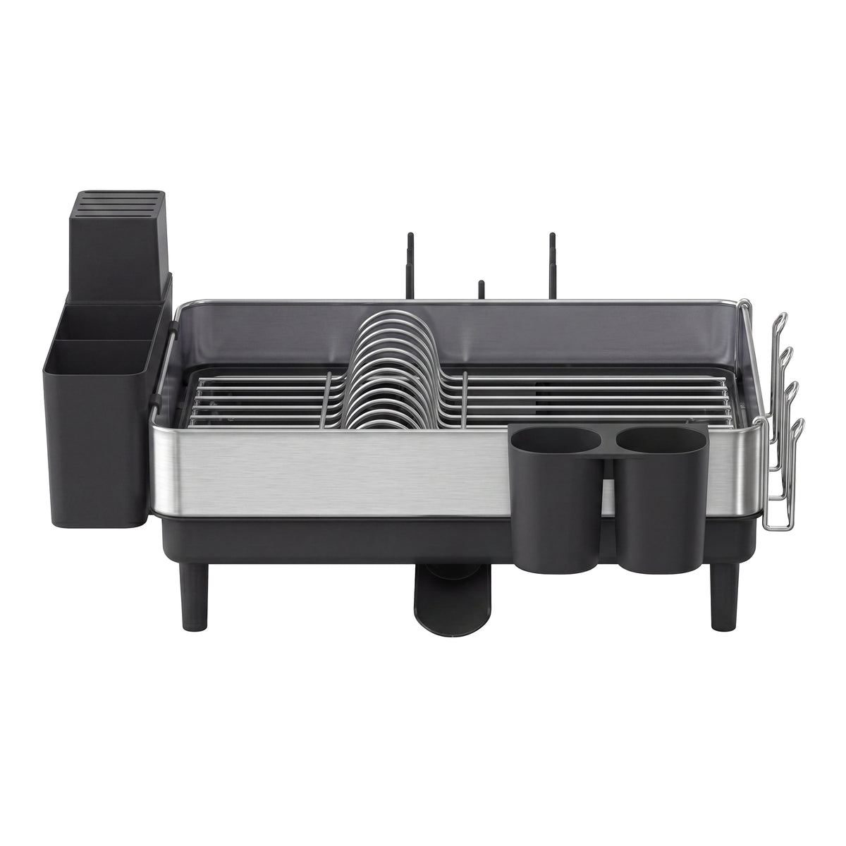 LEDREM Expandable Dish Drainer Rack, Kitchen Counter Dish Rack, with Rotatable Spout, Utensil Holder, Stainless Steel, Black