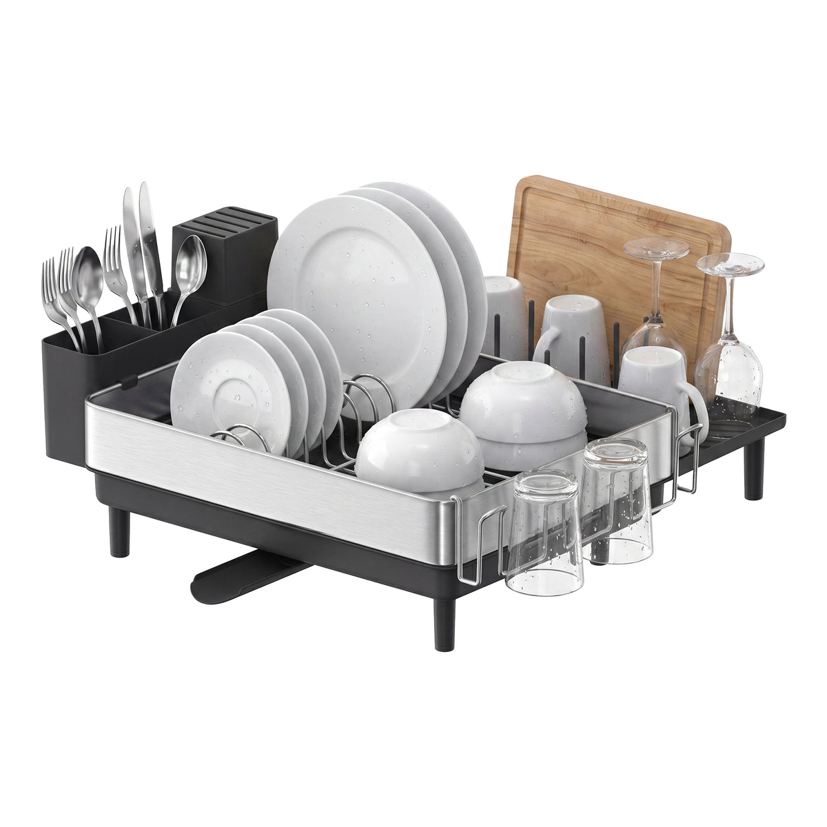 LEDREM Expandable Dish Drainer Rack, Kitchen Counter Dish Rack, with Rotatable Spout, Utensil Holder, Stainless Steel, Black