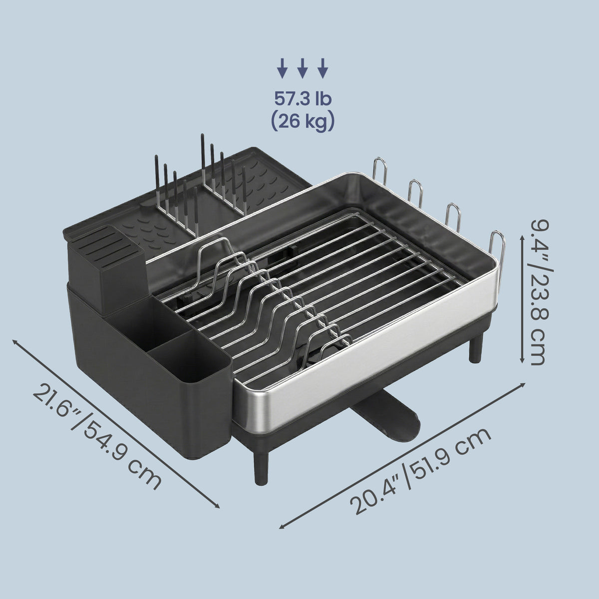 LEDREM Expandable Dish Drainer Rack, Kitchen Counter Dish Rack, with Rotatable Spout, Utensil Holder, Stainless Steel, Black