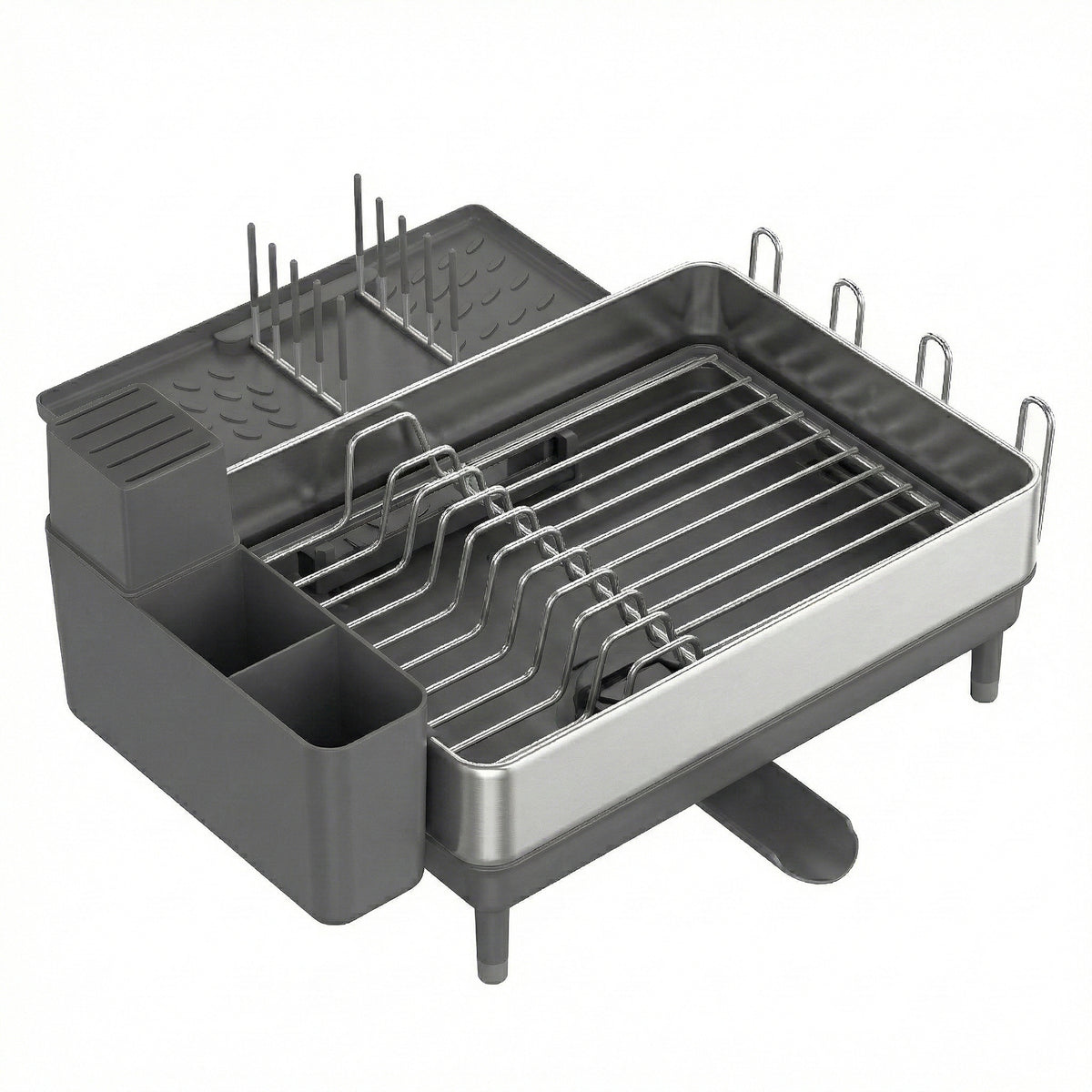 LEDREM Dish Drying Rack, Expandable Stainless Steel with Rotatable Spout, 20.4 x 21.6 x 9.4 inches, Silver and Gray